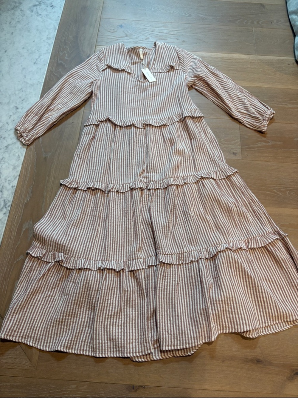 Rylee + Cru Size Small Blush and White Striped Tiered Ruffle Dress.
